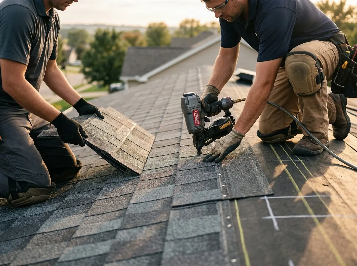 Professional roofer working on a residential roof in Raleigh